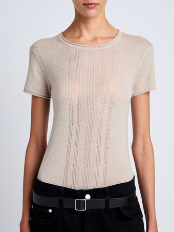 Proenza Schouler Detail image of model wearing Blaine Knit Shirt in Lightweight Merino in Light Rose Melange