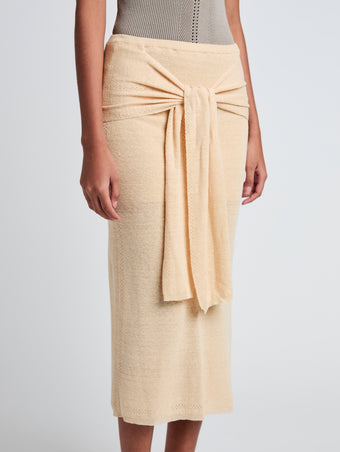 Proenza Schouler Detail image of model wearing Phelan Knit Skirt in Linen Twist in Light Wheat