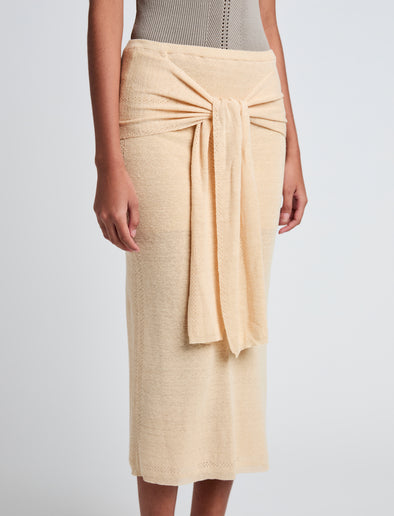 Proenza Schouler Detail image of model wearing Phelan Knit Skirt in Linen Twist in Light Wheat