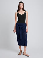 Proenza Schouler Front full length image of model wearing Phelan Knit Skirt in Linen Twist in Navy