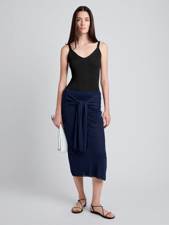 Proenza Schouler Front full length image of model wearing Phelan Knit Skirt in Linen Twist in Navy