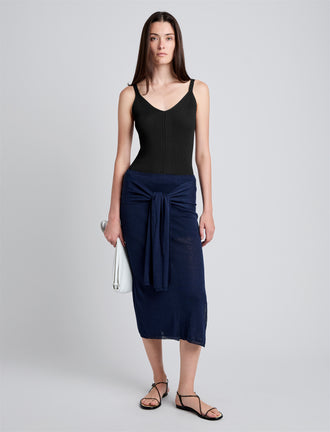 Proenza Schouler Front full length image of model wearing Phelan Knit Skirt in Linen Twist in Navy