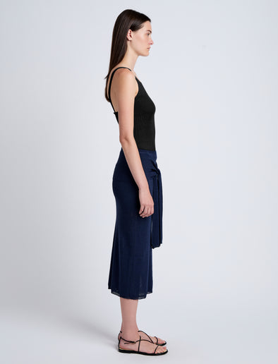 Proenza Schouler Side full length image of model wearing Phelan Knit Skirt in Linen Twist in Navy