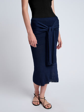 Proenza Schouler Detail image of model wearing Phelan Knit Skirt in Linen Twist in Navy
