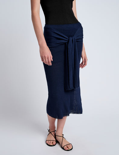 Proenza Schouler Detail image of model wearing Phelan Knit Skirt in Linen Twist in Navy