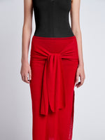 Proenza Schouler Detail image of model wearing Phelan Knit Skirt in Linen Twist in Dark Poppy