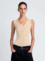 Proenza Schouler Front cropped image of model wearing Heyde Knit Sweater in Linen Twist in Light Wheat