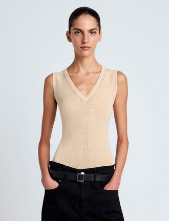 Proenza Schouler Front cropped image of model wearing Heyde Knit Sweater in Linen Twist in Light Wheat