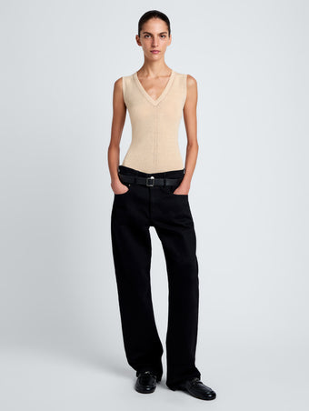 Proenza Schouler Front full length image of model wearing Heyde Knit Sweater in Linen Twist in Light Wheat