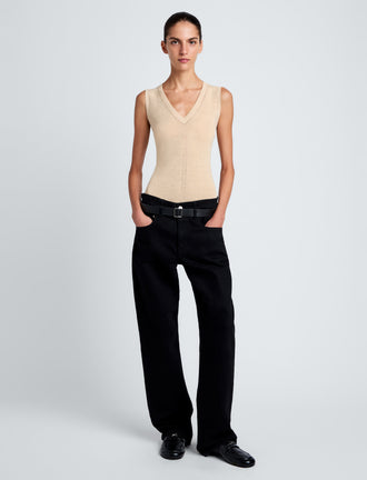 Proenza Schouler Front full length image of model wearing Heyde Knit Sweater in Linen Twist in Light Wheat