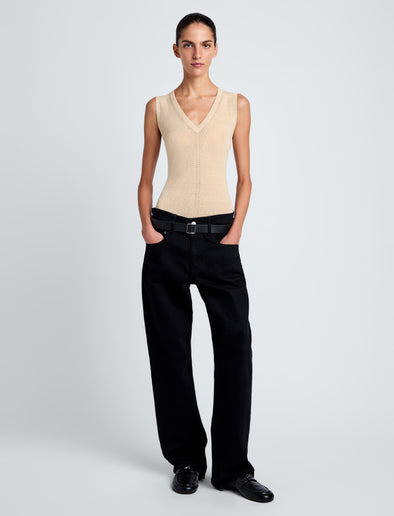 Proenza Schouler Front full length image of model wearing Heyde Knit Sweater in Linen Twist in Light Wheat