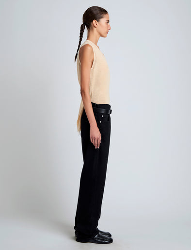 Proenza Schouler Side full length image of model wearing Heyde Knit Sweater in Linen Twist in Light Wheat