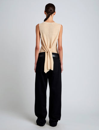 Proenza Schouler Back full length image of model wearing Heyde Knit Sweater in Linen Twist in Light Wheat