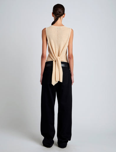 Proenza Schouler Back full length image of model wearing Heyde Knit Sweater in Linen Twist in Light Wheat