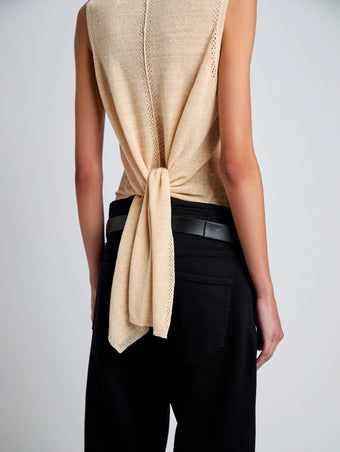 Proenza Schouler Detail image of model wearing Heyde Knit Sweater in Linen Twist in Light Wheat