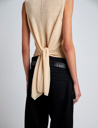 Proenza Schouler Detail image of model wearing Heyde Knit Sweater in Linen Twist in Light Wheat