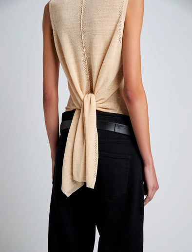 Proenza Schouler Detail image of model wearing Heyde Knit Sweater in Linen Twist in Light Wheat