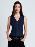 Proenza Schouler Front cropped image of model wearing Heyde Knit Sweater in Linen Twist in Navy