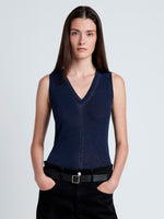 Proenza Schouler Front cropped image of model wearing Heyde Knit Sweater in Linen Twist in Navy