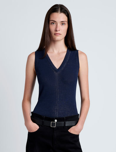 Proenza Schouler Front cropped image of model wearing Heyde Knit Sweater in Linen Twist in Navy