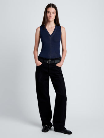 Proenza Schouler Front full length image of model wearing Heyde Knit Sweater in Linen Twist in Navy