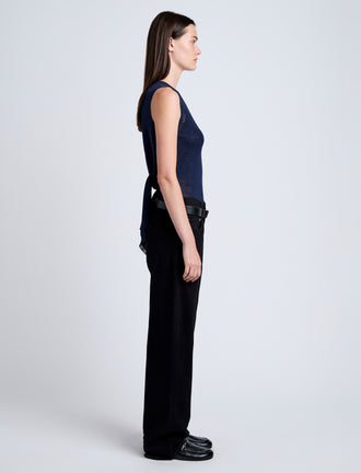 Proenza Schouler Side full length image of model wearing Heyde Knit Sweater in Linen Twist in Navy