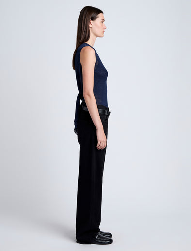 Proenza Schouler Side full length image of model wearing Heyde Knit Sweater in Linen Twist in Navy