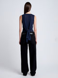 Proenza Schouler Back full length image of model wearing Heyde Knit Sweater in Linen Twist in Navy