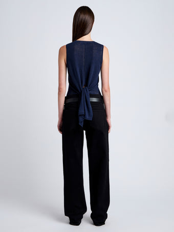 Proenza Schouler Back full length image of model wearing Heyde Knit Sweater in Linen Twist in Navy