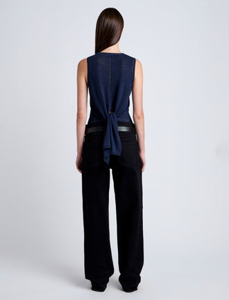Proenza Schouler Back full length image of model wearing Heyde Knit Sweater in Linen Twist in Navy
