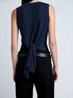 Proenza Schouler Detail image of model wearing Heyde Knit Sweater in Linen Twist in Navy