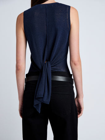 Proenza Schouler Detail image of model wearing Heyde Knit Sweater in Linen Twist in Navy