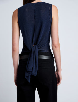 Proenza Schouler Detail image of model wearing Heyde Knit Sweater in Linen Twist in Navy