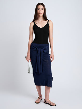 Proenza Schouler Front full length image of model wearing Gene Knit Tank Top in Picot Cotton in Black