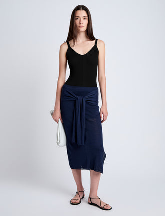 Proenza Schouler Front full length image of model wearing Gene Knit Tank Top in Picot Cotton in Black