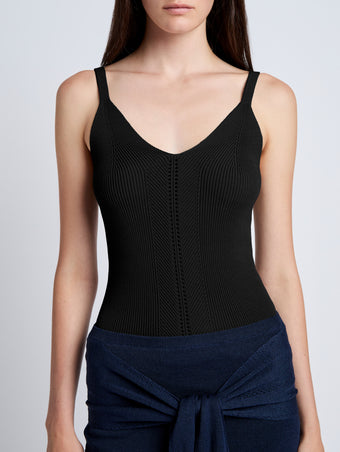 Proenza Schouler Detail image of model wearing Gene Knit Tank Top in Picot Cotton in Black