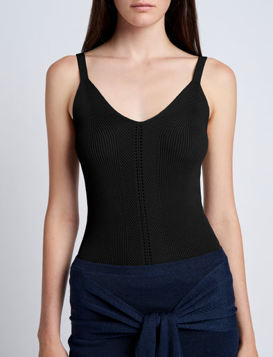Proenza Schouler Detail image of model wearing Gene Knit Tank Top in Picot Cotton in Black