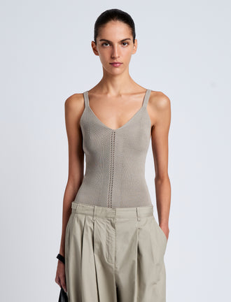 Proenza Schouler Front cropped image of model wearing Gene Knit Tank Top in Picot Cotton in Granite