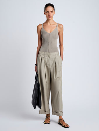 Proenza Schouler Front full length image of model wearing Gene Knit Tank Top in Picot Cotton in Granite