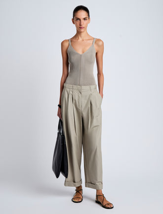 Proenza Schouler Front full length image of model wearing Gene Knit Tank Top in Picot Cotton in Granite