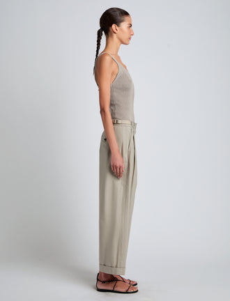 Proenza Schouler Side full length image of model wearing Gene Knit Tank Top in Picot Cotton in Granite