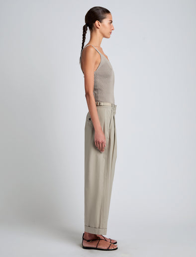 Proenza Schouler Side full length image of model wearing Gene Knit Tank Top in Picot Cotton in Granite