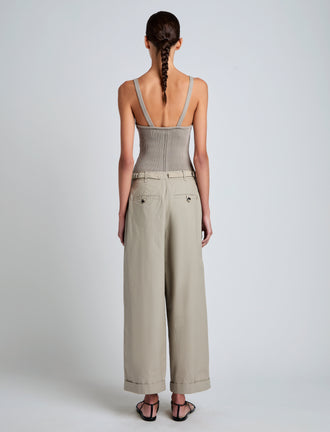 Proenza Schouler Back full length image of model wearing Gene Knit Tank Top in Picot Cotton in Granite