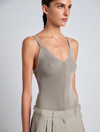 Proenza Schouler Detail image of model wearing Gene Knit Tank Top in Picot Cotton in Granite