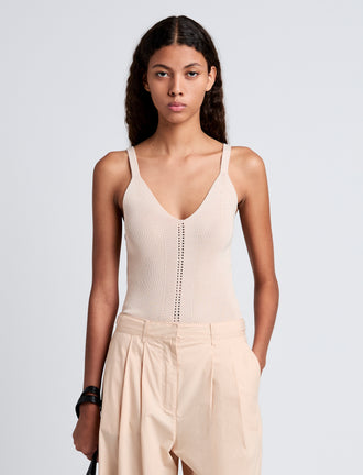 Proenza Schouler Front cropped image of model wearing Gene Knit Tank Top in Picot Cotton in Light Rose