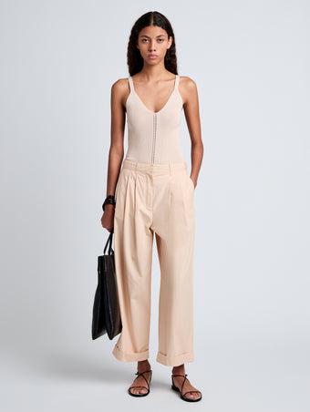 Proenza Schouler Front full length image of model wearing Gene Knit Tank Top in Picot Cotton in Light Rose