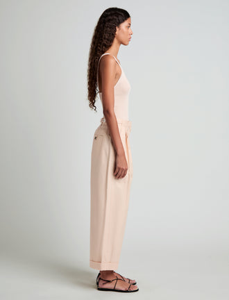 Proenza Schouler Side full length image of model wearing Gene Knit Tank Top in Picot Cotton in Light Rose