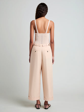 Proenza Schouler Back full length image of model wearing Gene Knit Tank Top in Picot Cotton in Light Rose