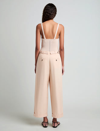 Proenza Schouler Back full length image of model wearing Gene Knit Tank Top in Picot Cotton in Light Rose