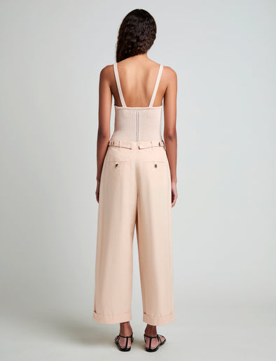 Proenza Schouler Back full length image of model wearing Gene Knit Tank Top in Picot Cotton in Light Rose